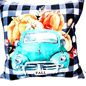 Seasonal Fall Pumpkin Pillow Accented With Vntg Truck & Buffalo Check Home Decor